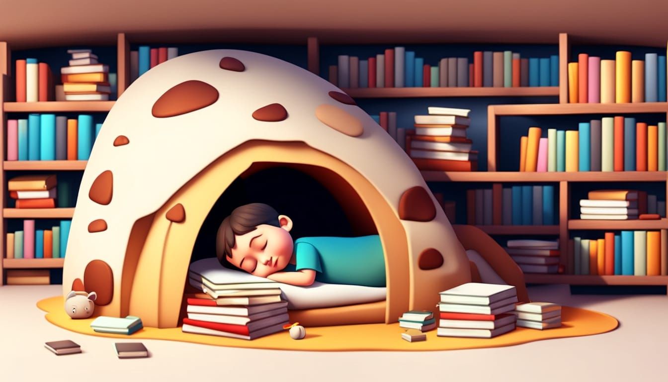 Cozy Book Cavern with Sleeping Child: 3D Toon