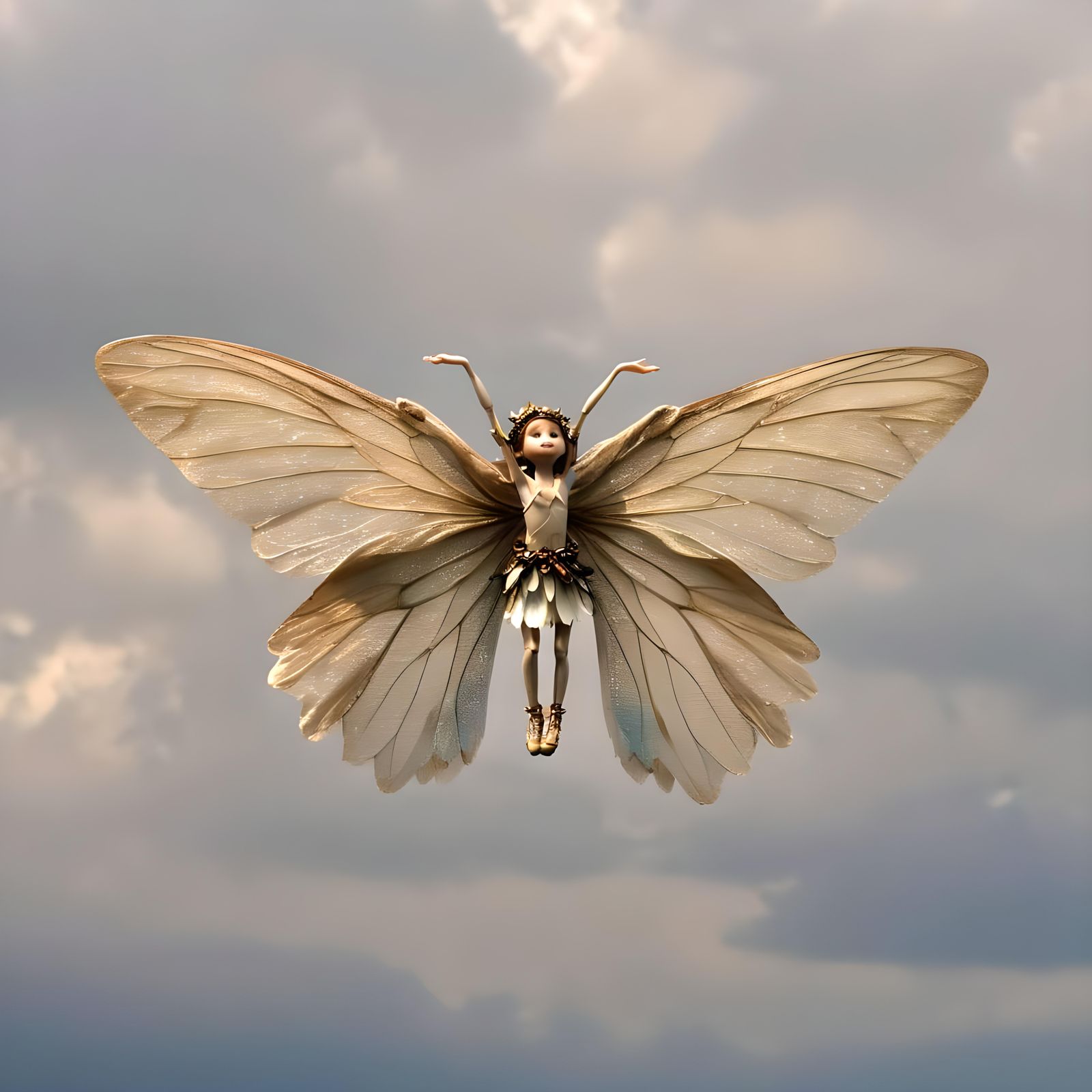 Ethereal Fairy with Moth Wings in Cloudy Sky