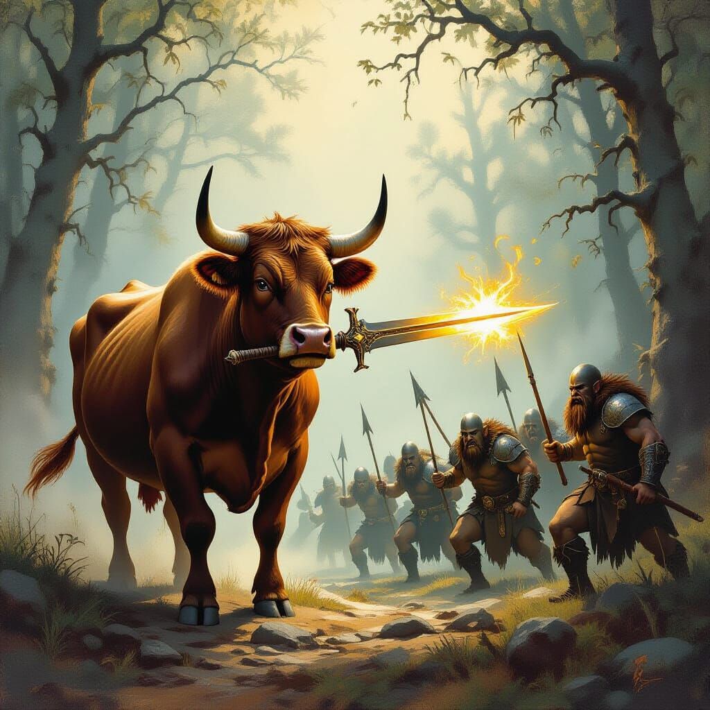 Brown Cow With Magic Sword Faces Approaching Orcs