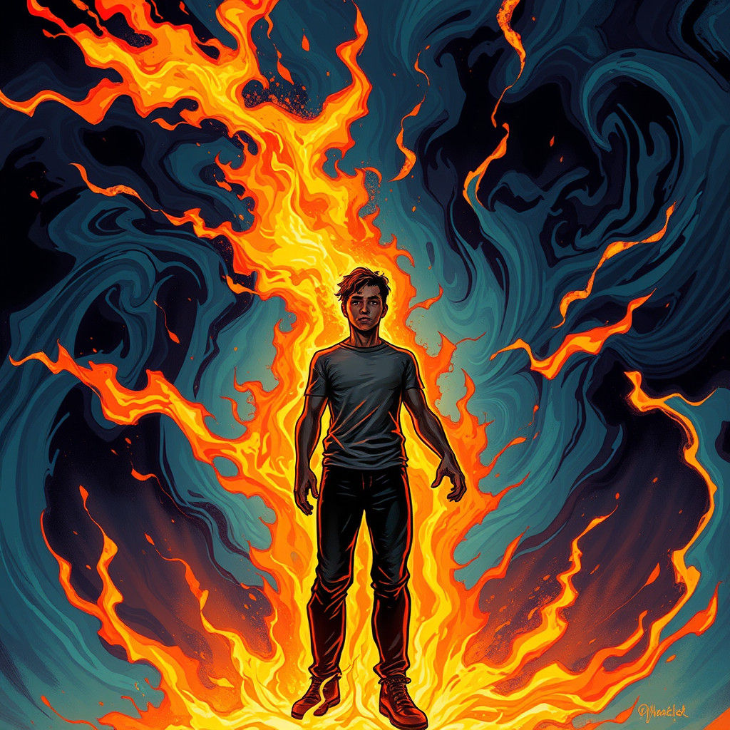 Entranced Figure Amidst Iridescent Flames