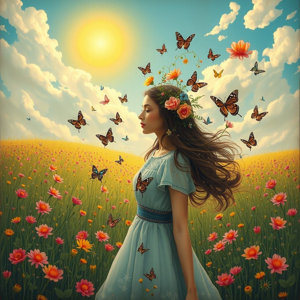 Dreamlike Whimsy with Butterflies in a Vibrant Meadow