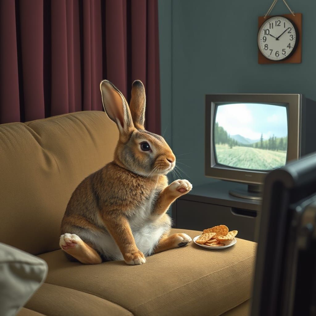 Bunny Watching TV on Sofa with Snack