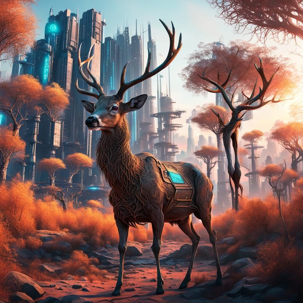 Magical Deer in Cyberpunk Sunset Forest