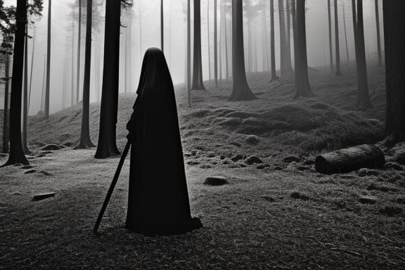 Enigmatic Witch in Forest: A Black and White Photo