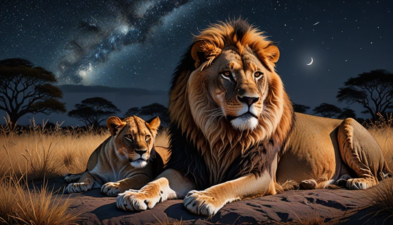 Lion Pride Under a Starry Night Sky