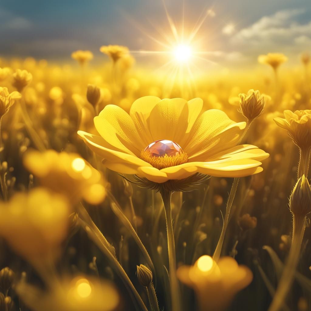 Yellow Gem Shines in Hyperrealistic Flower Field