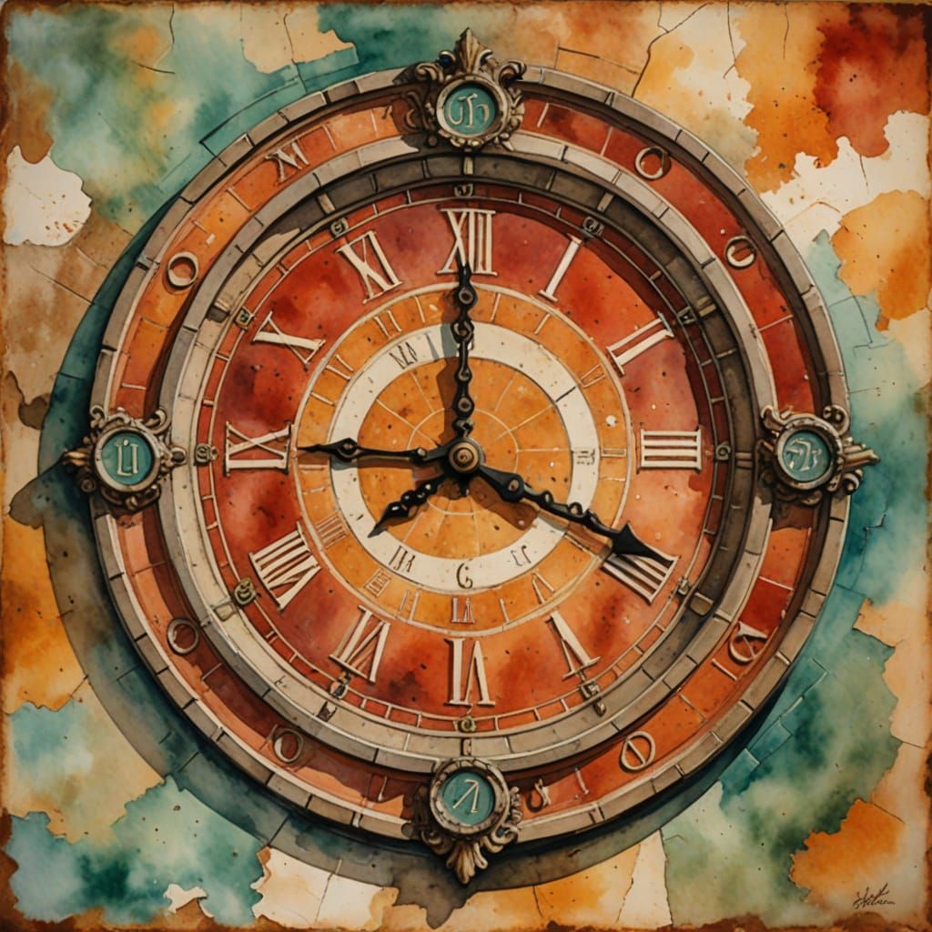 Ancient Pompeii Fresco Clock in Vibrant Watercolor Style