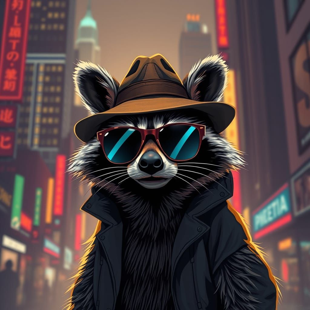 Cyberpunk Detective Raccoon in Neon City