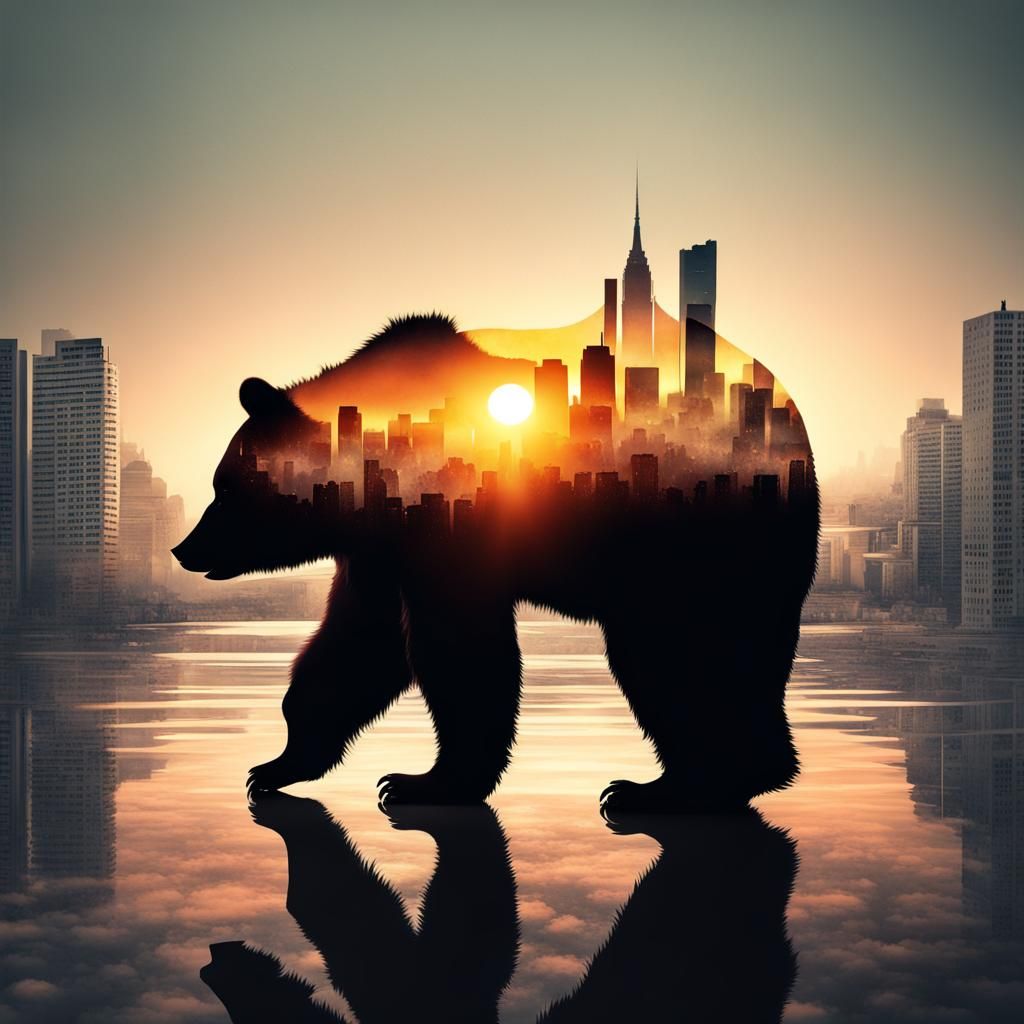 Surreal Double Exposure: Bear and City Sunset