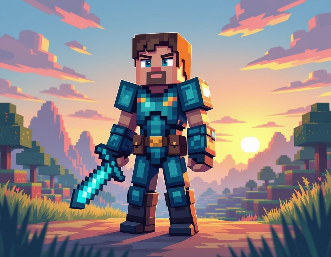 Minecraft's Steve in a Vibrant Digital Landscape