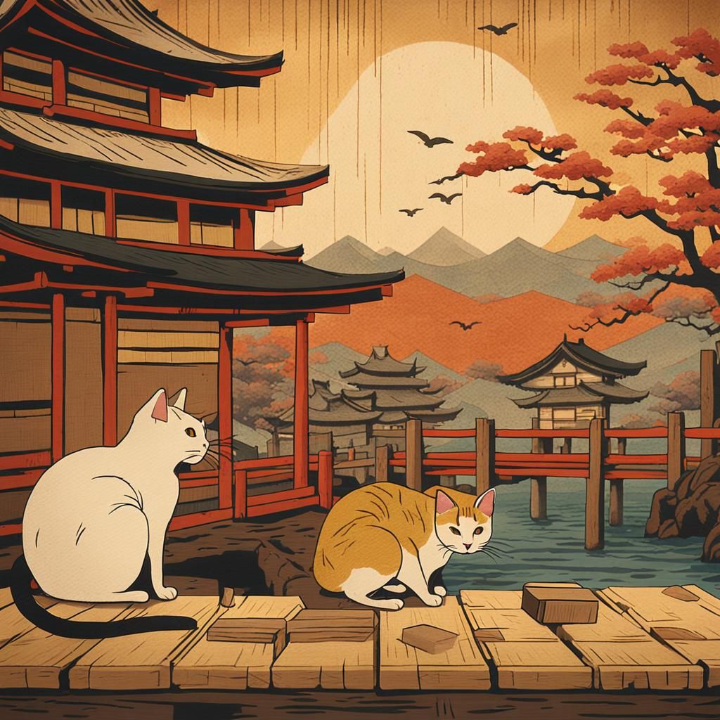 Vibrant, high-contrast, high dynamic range HDR photography of traditional Ukiyo-e-inspired artworks, featuring intricate...