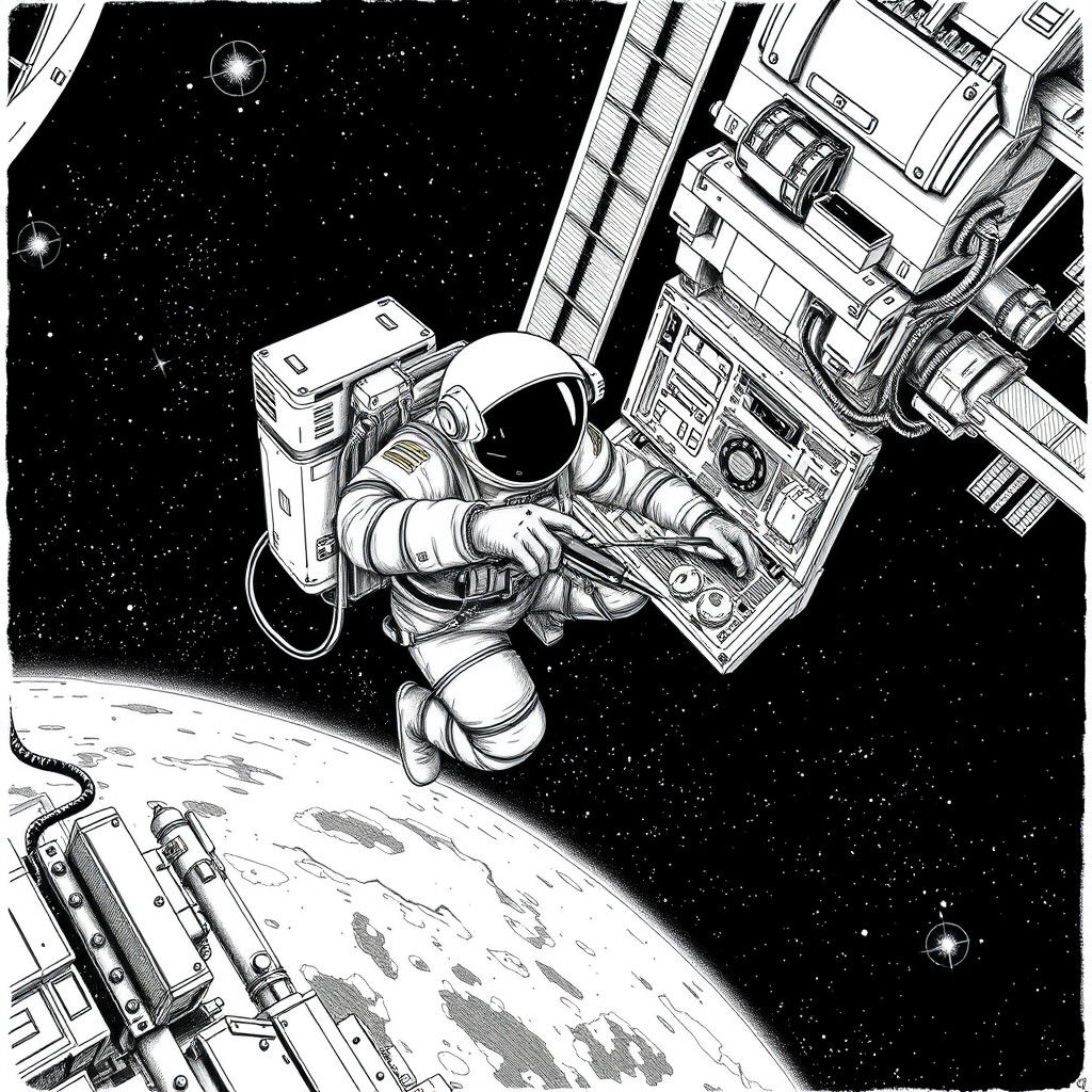 Astronaut Repairs ISS: Pen and Ink Sci-Fi Art