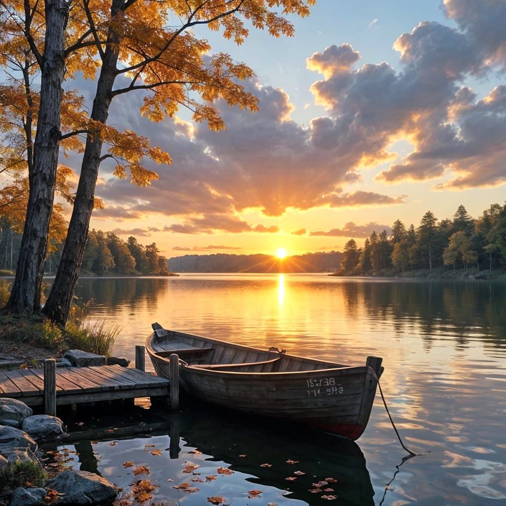 Golden Autumn Sunset Over Lake with Horseboat