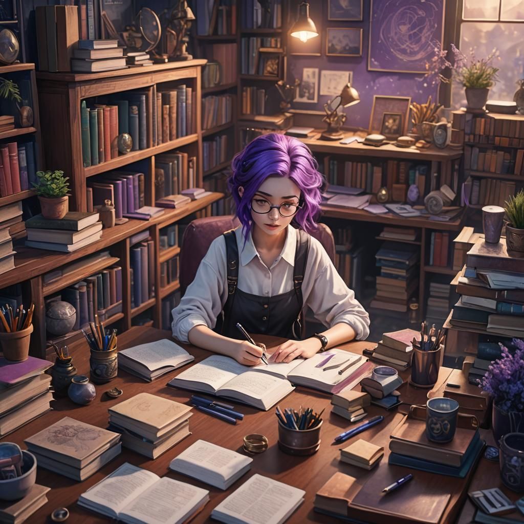 Girl Planning at Desk: Fantasy Concept Art