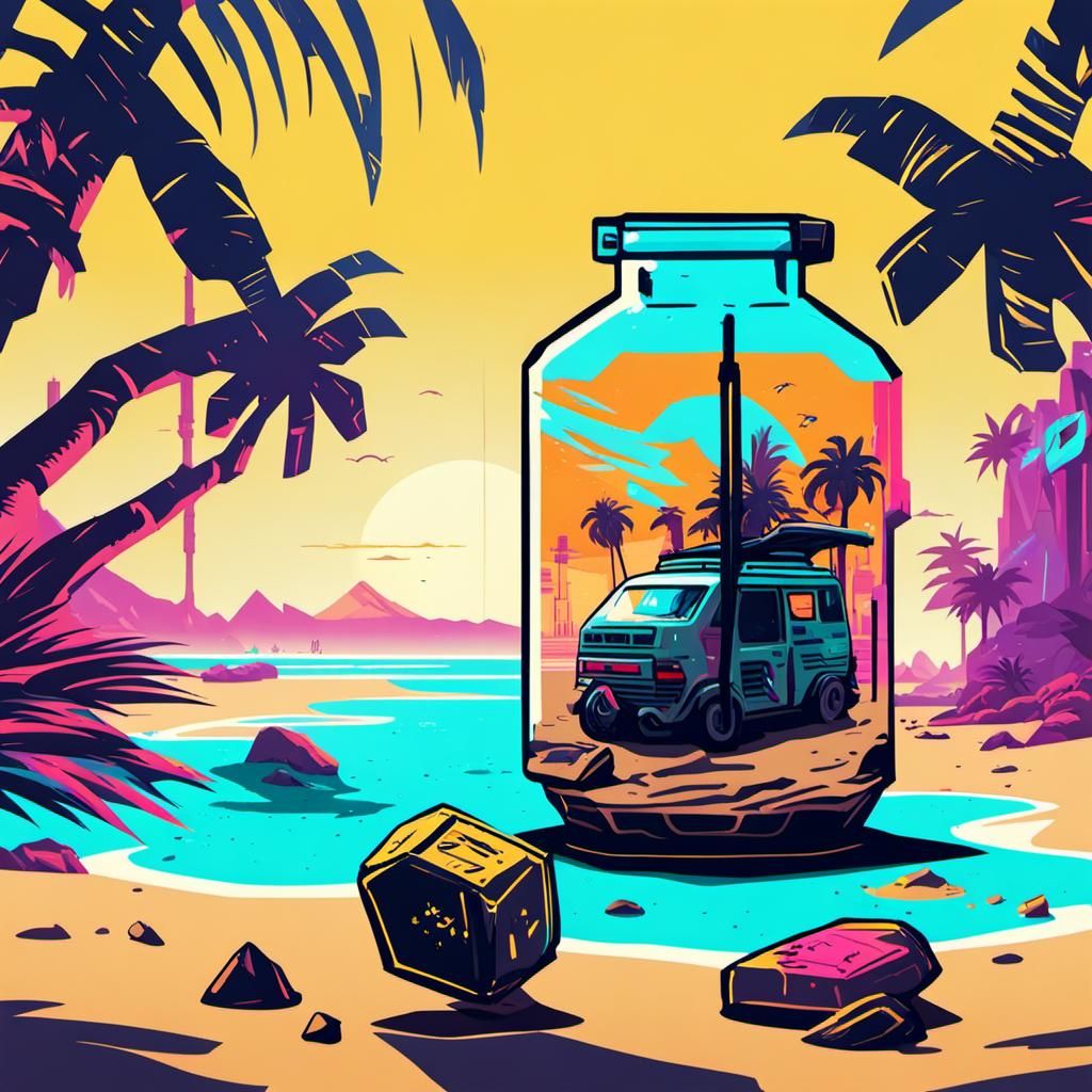 Cyberpunk Wishing Bottle on Sunny Beach