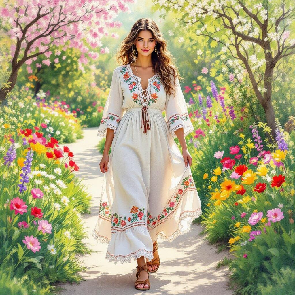 70s Woman in Garden of Spring Flowers