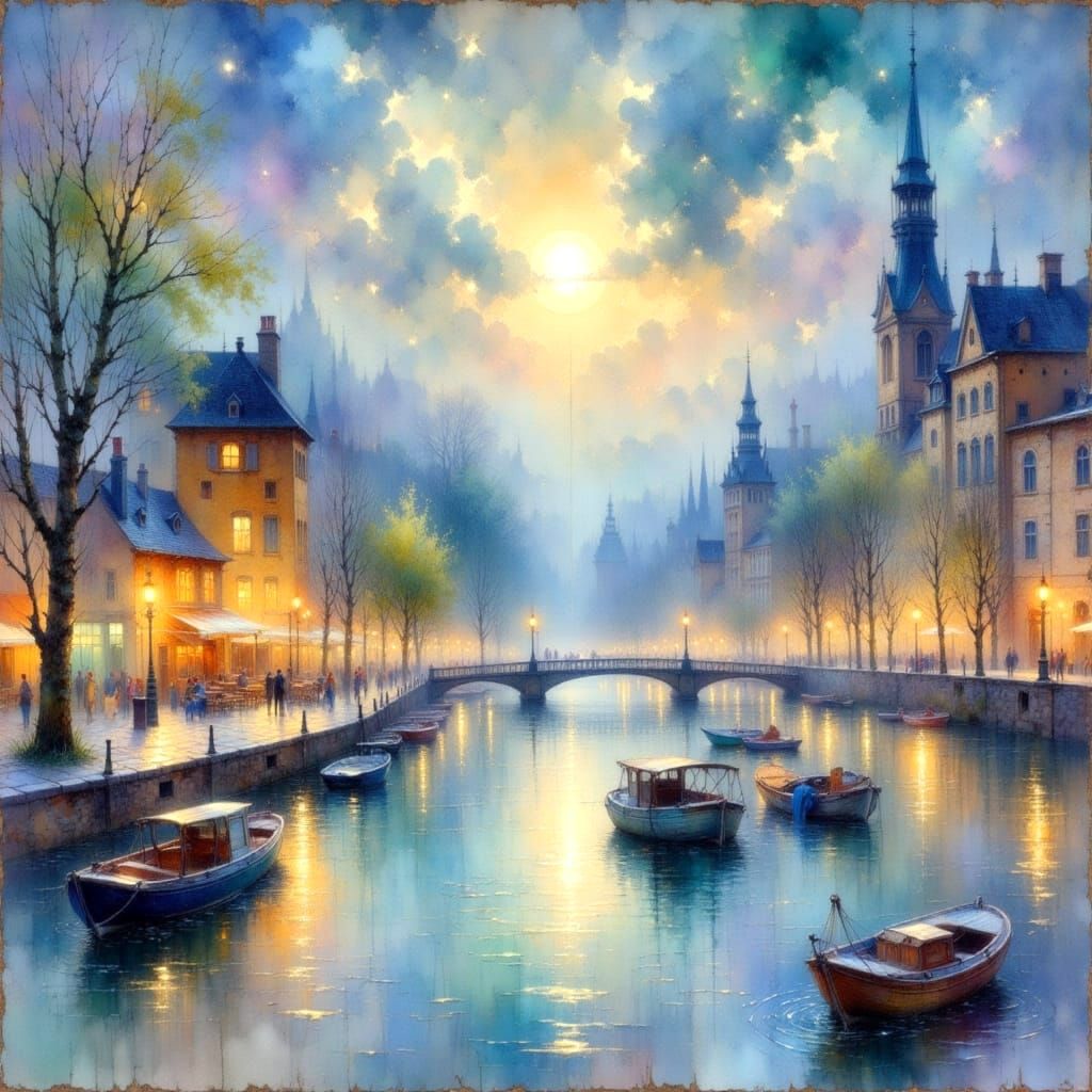 Moonlit Cityscape Over Shimmering River in Impressionist Sty...