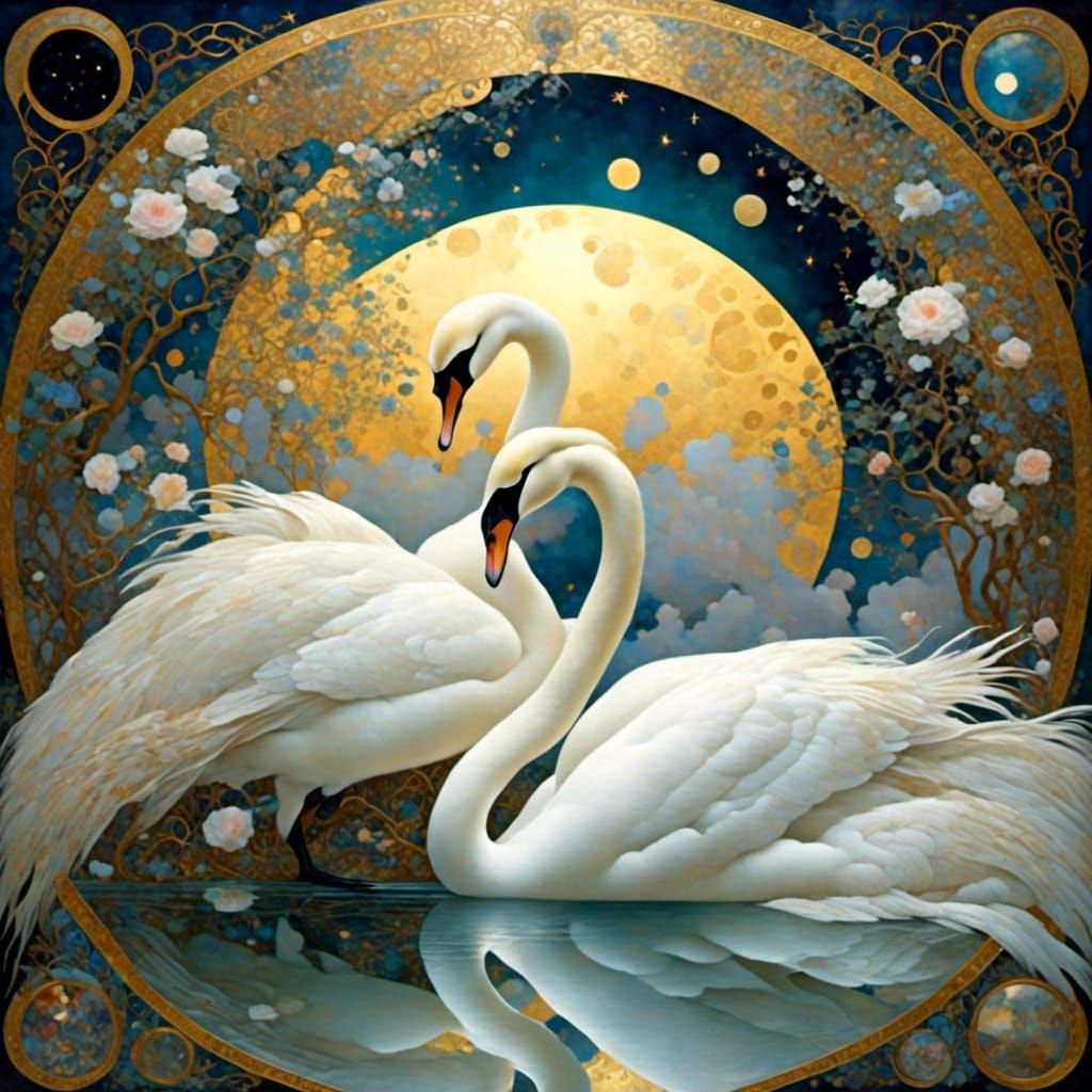 Swans Dancing Under the Moon, in Art Nouveau Style