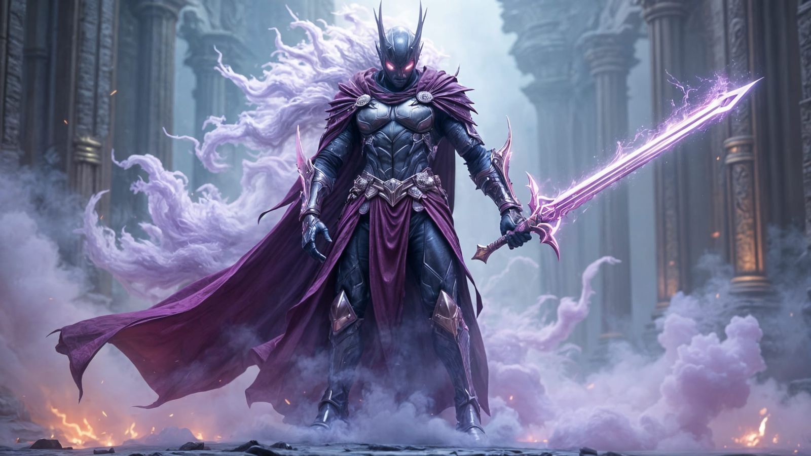 Purple Warrior Rises Above the Mists in Epic Fantasy Art