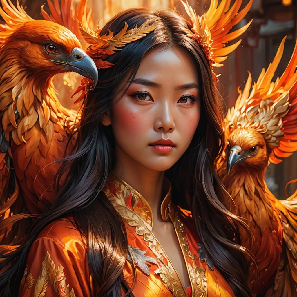 Asian Girl with Phoenix in Hyperrealistic Digital Art