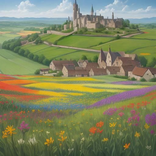 Medieval Village Landscape with Wildflowers
