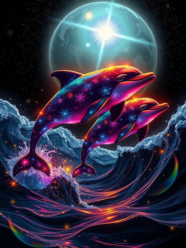 Surreal Dolphin Odyssey in Neon Cosmic Waves