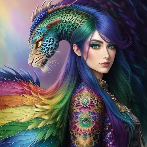 Ethereal Woman with Rainbow Dragon Scales in Fantasy Art