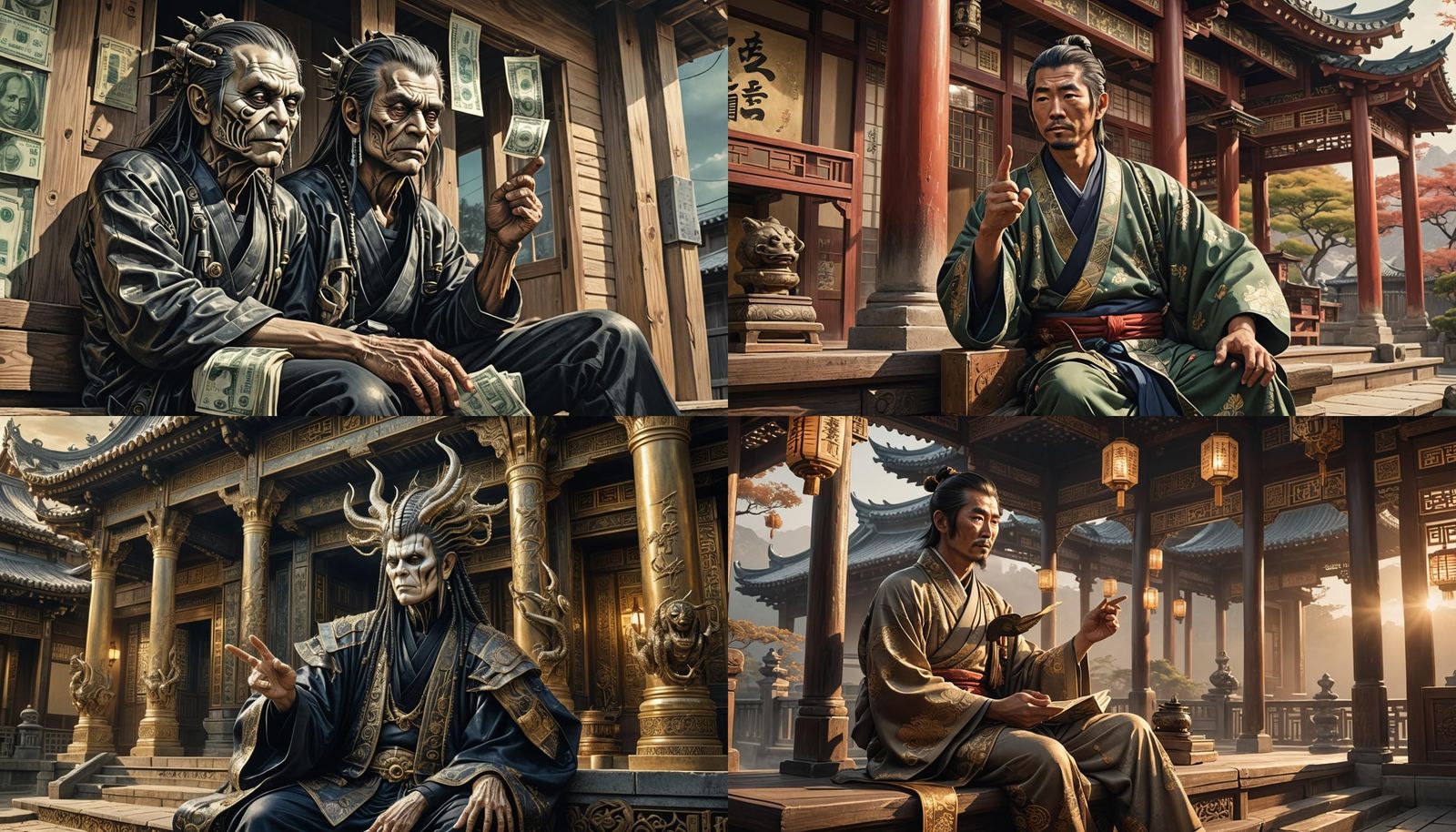 Japanese Man with Dollars in Oriental Setting