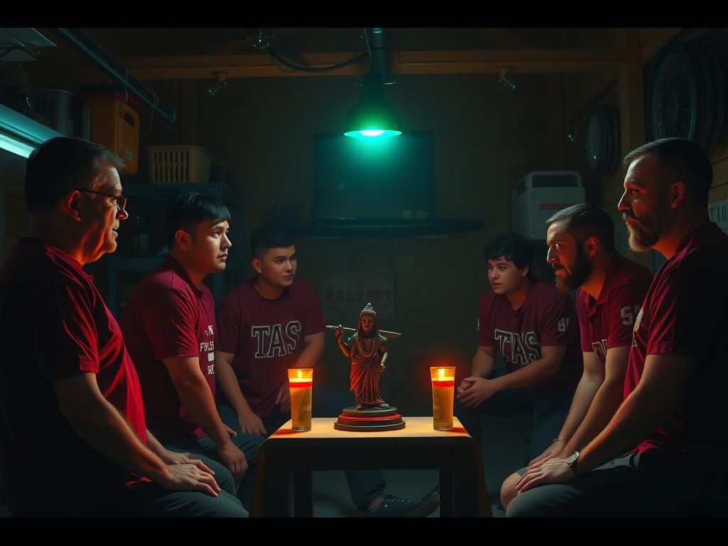 Secret Bowling Team Worships Glowing Idol in Dim Garage