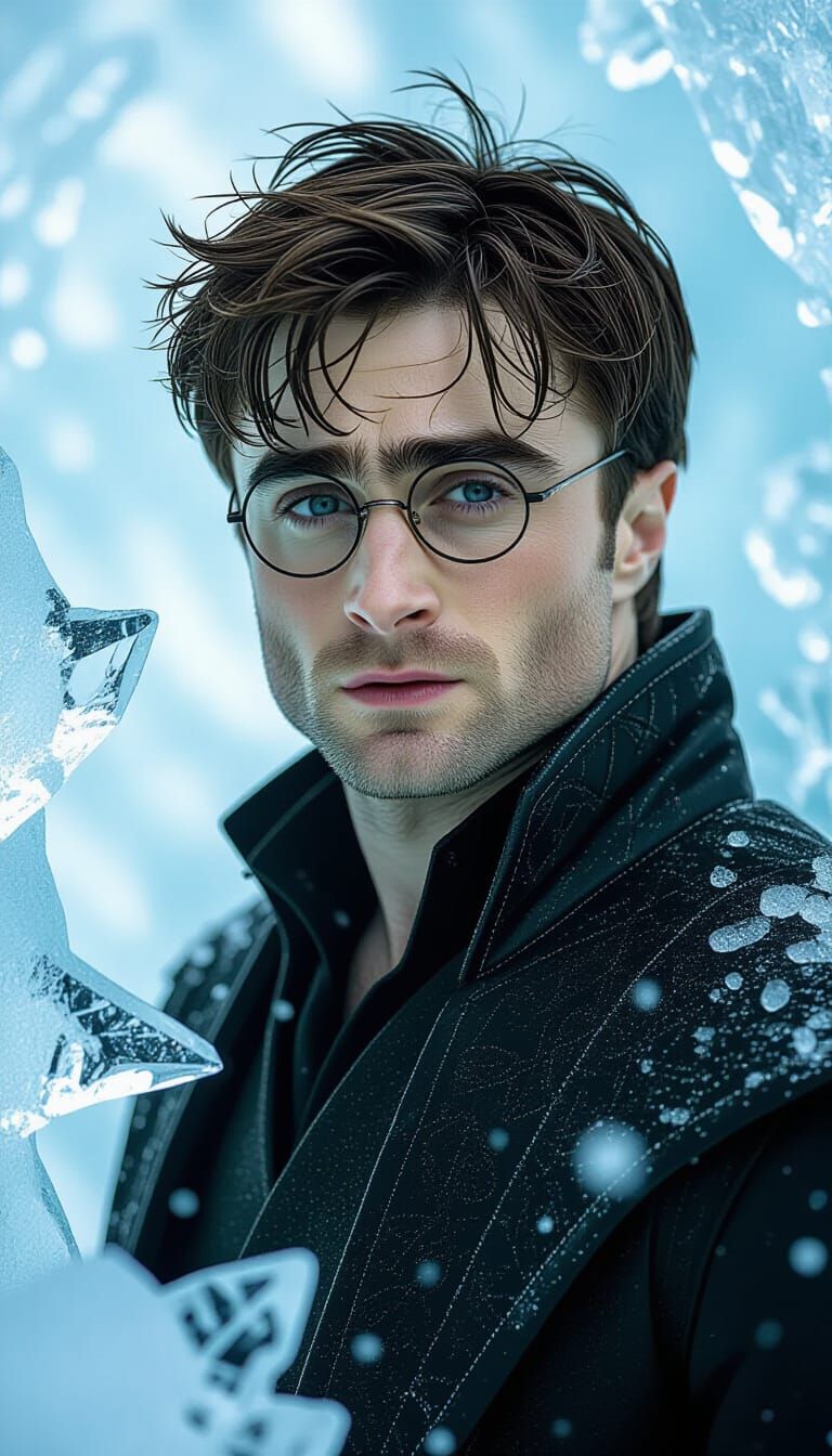 Fantasy Figure Amidst Shattering Ice Crystals