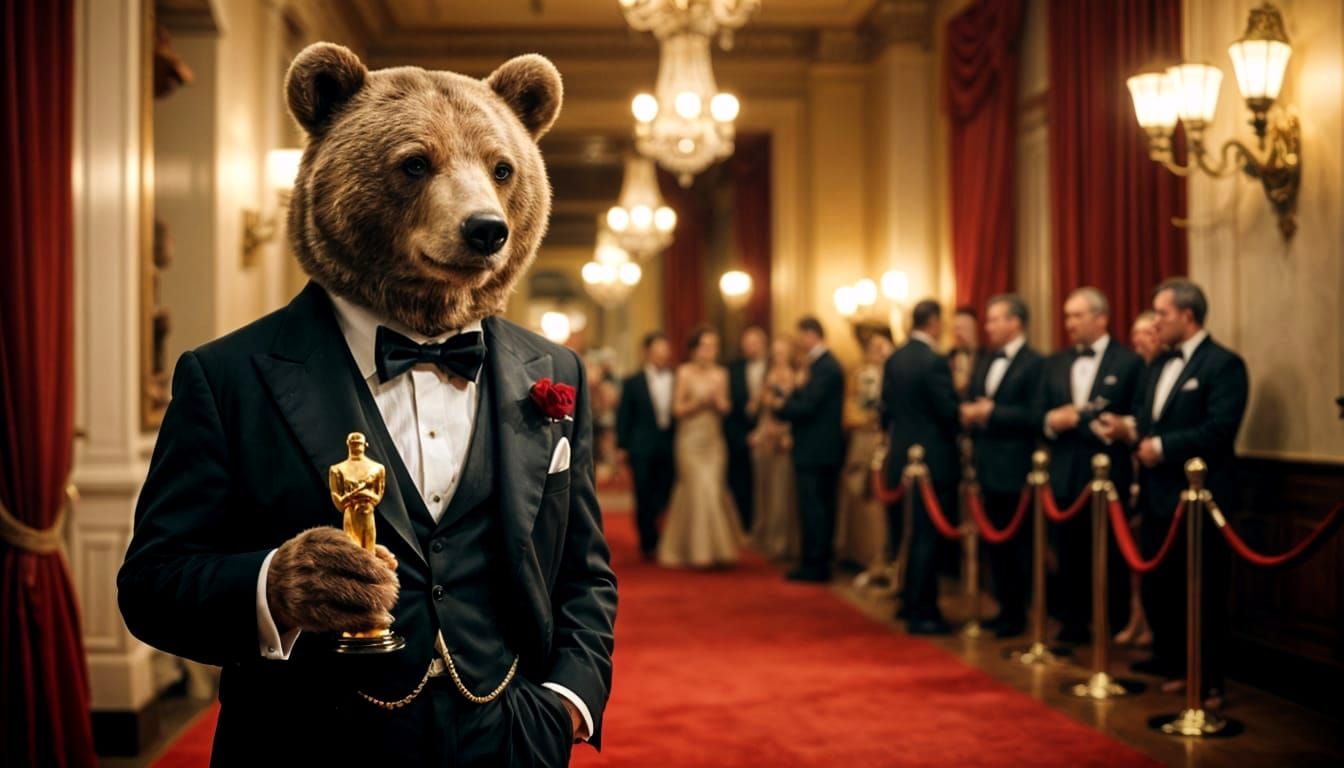 Glamorous Bear Stumbles Down Red Carpet in Tuxedo