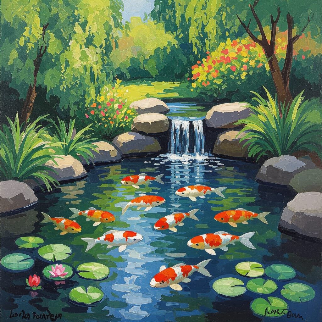 Koi Pond Waterfall Scene in Impressionist Style