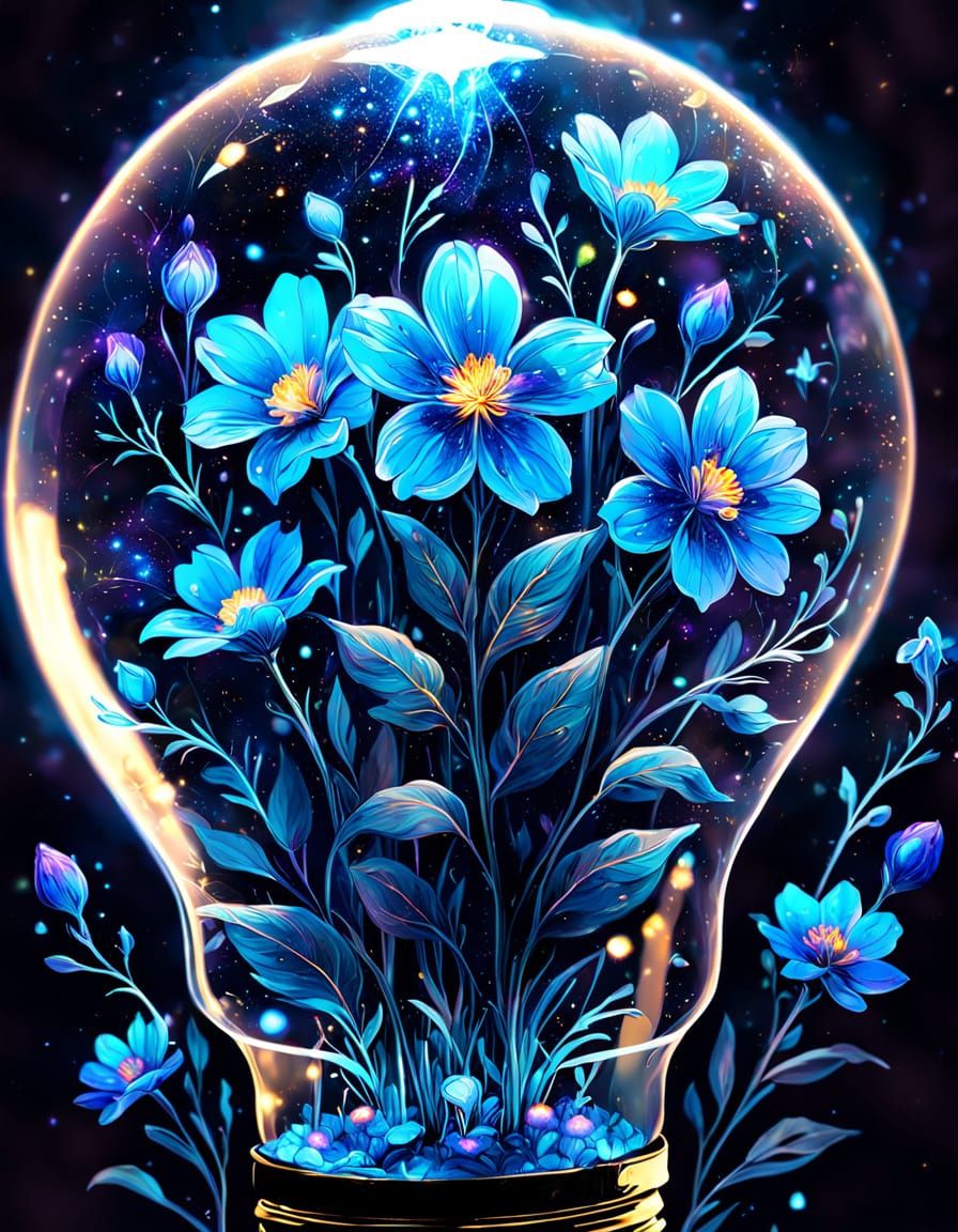 Glowing Blue Flowers in Light Bulb: Cosmic Illustration