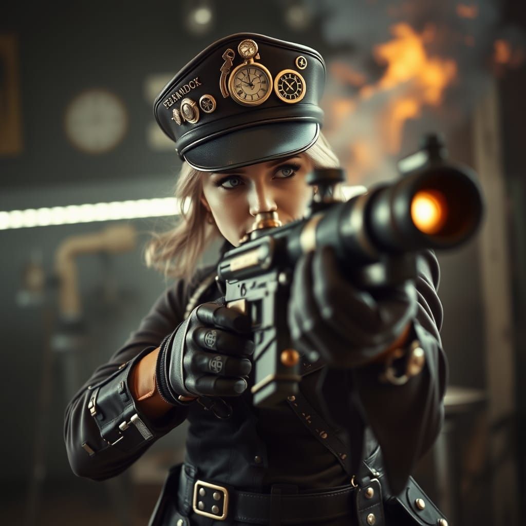 Steampunk Commander Fires Bazooka in Hyperrealistic Scene