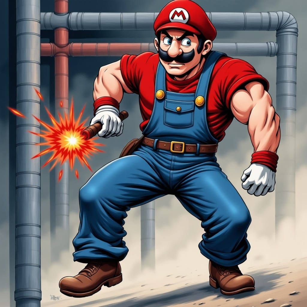 Heroic Plumber Mid-Jump with Pixelated Fireball