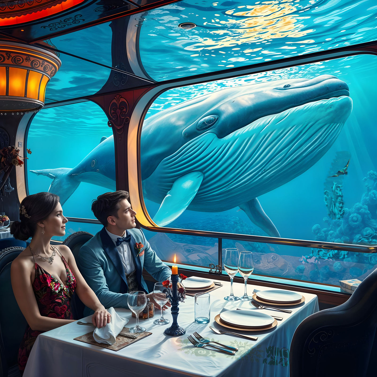 Underwater Dining with Whale, Alphonse Mucha Style