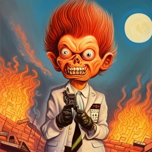 Mars Attacks Alien in Burning City: Mad Magazine Style