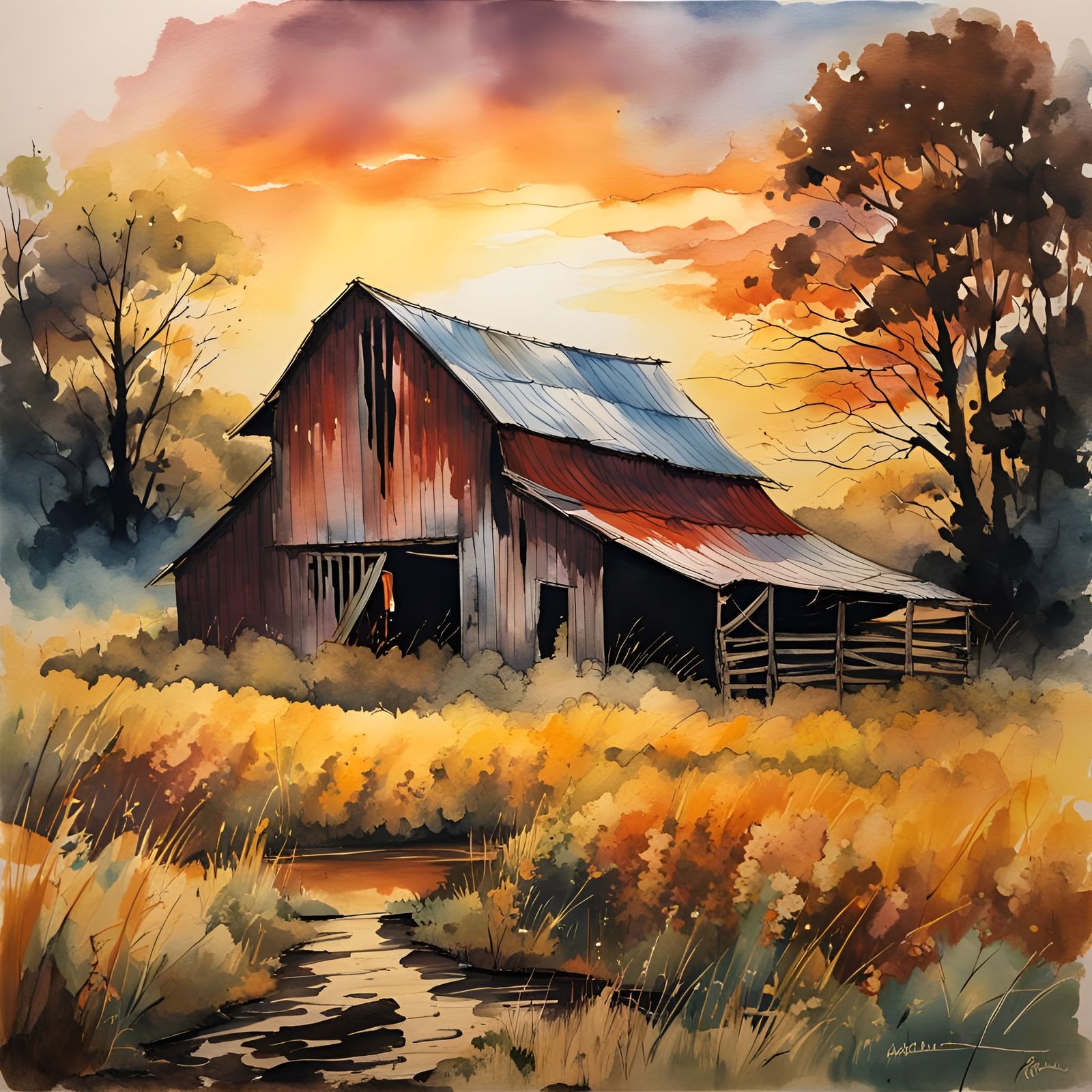 Rustic Barn in Loose Watercolor Style at Golden Hour