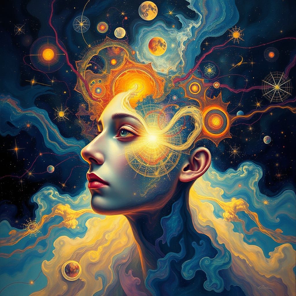 Cosmic Being Contemplates Infinity in Dreamlike Dance