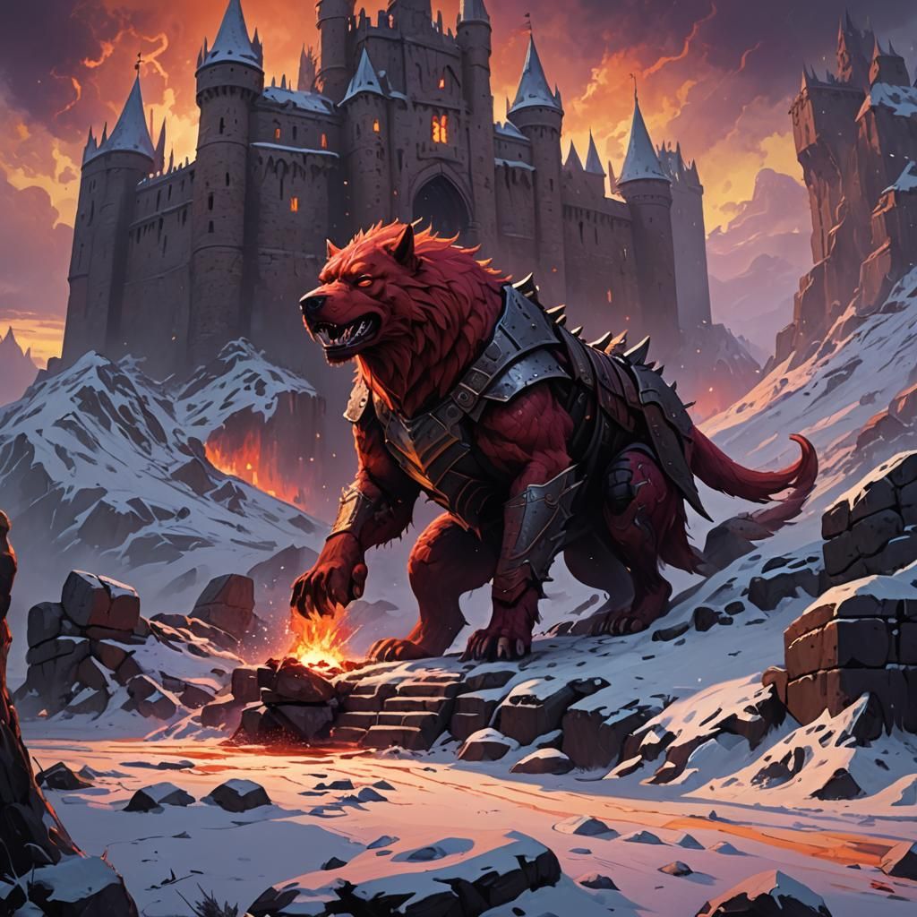 Giant Red Dog Invades North in Dark Fantasy Art