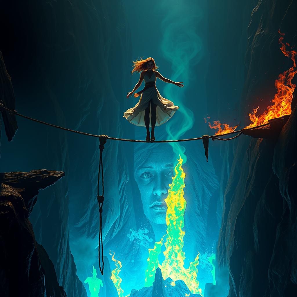 Woman Balances Above Hellfire Abyss: Fantasy Concept Art