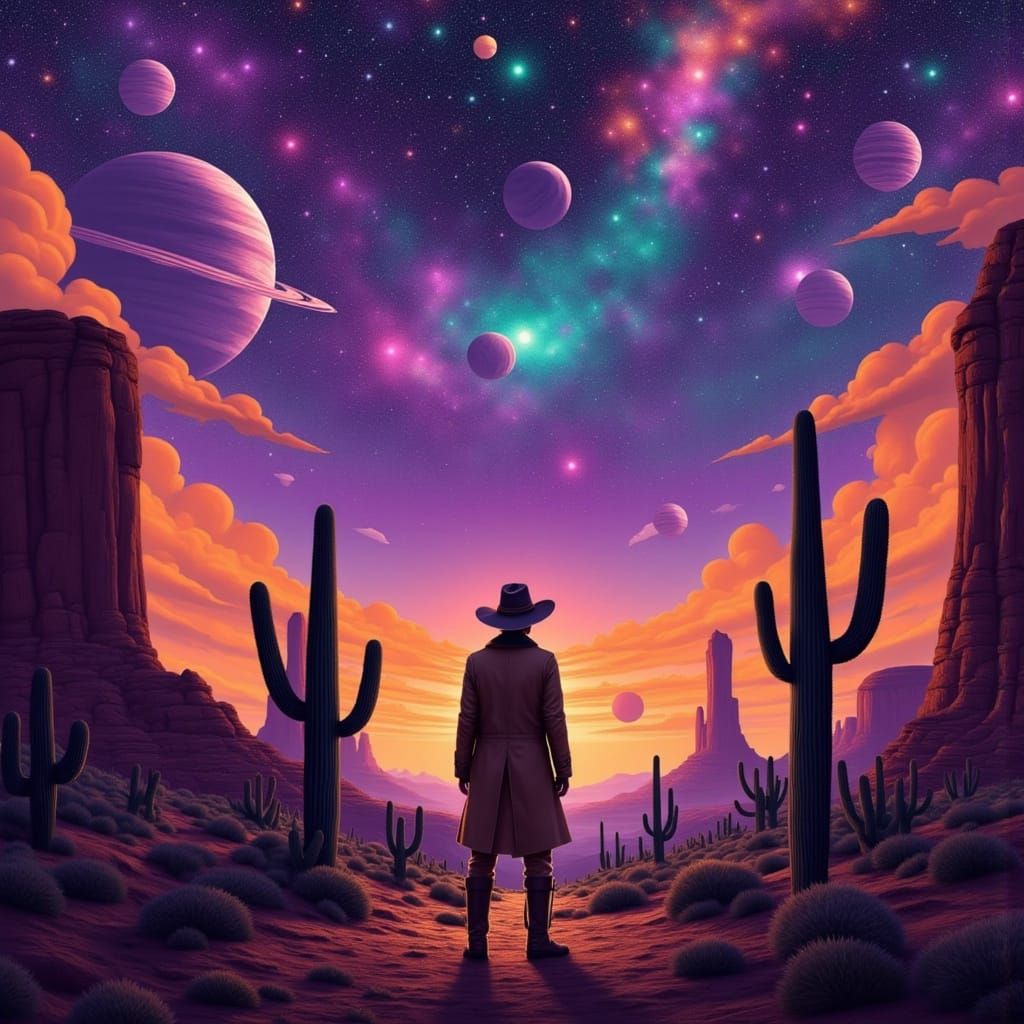 Cosmic Cowboy in Surreal Western Landscape