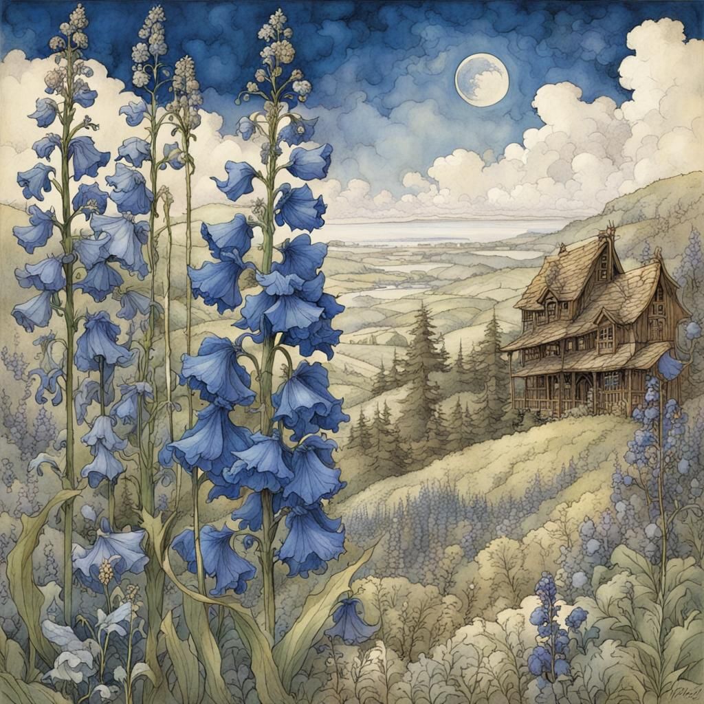 Delphinium and Monkshood Illustration in Fantasy Style