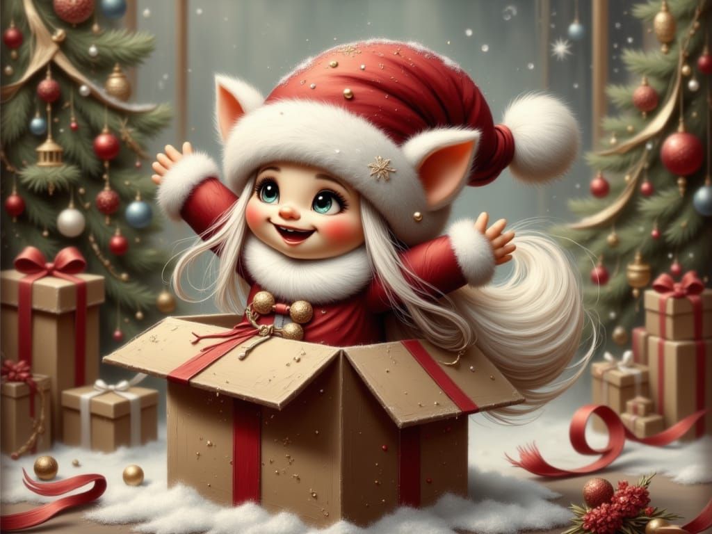 Cute Troll in Santa Suit Emerging from Gift Box