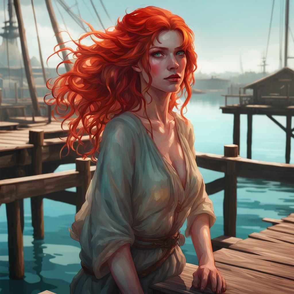 Watercolor Red-Haired Woman on Dock, Art Nouveau Style