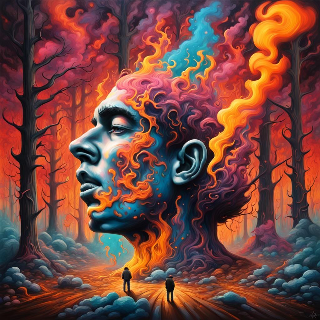 Surreal Graffiti Art: Man Lost in Fiery Forest