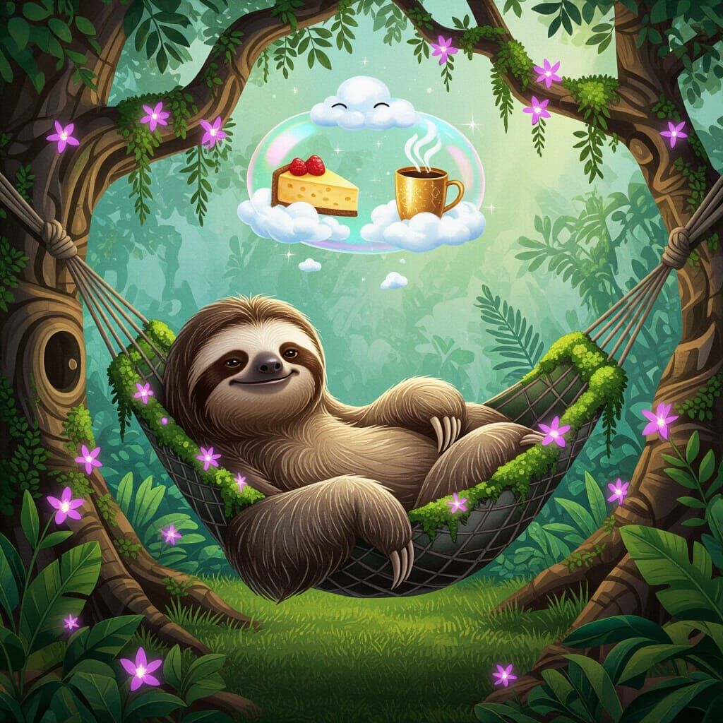 Dreamy Digital Painting of a Lazy Sloth in a Magical Jungle