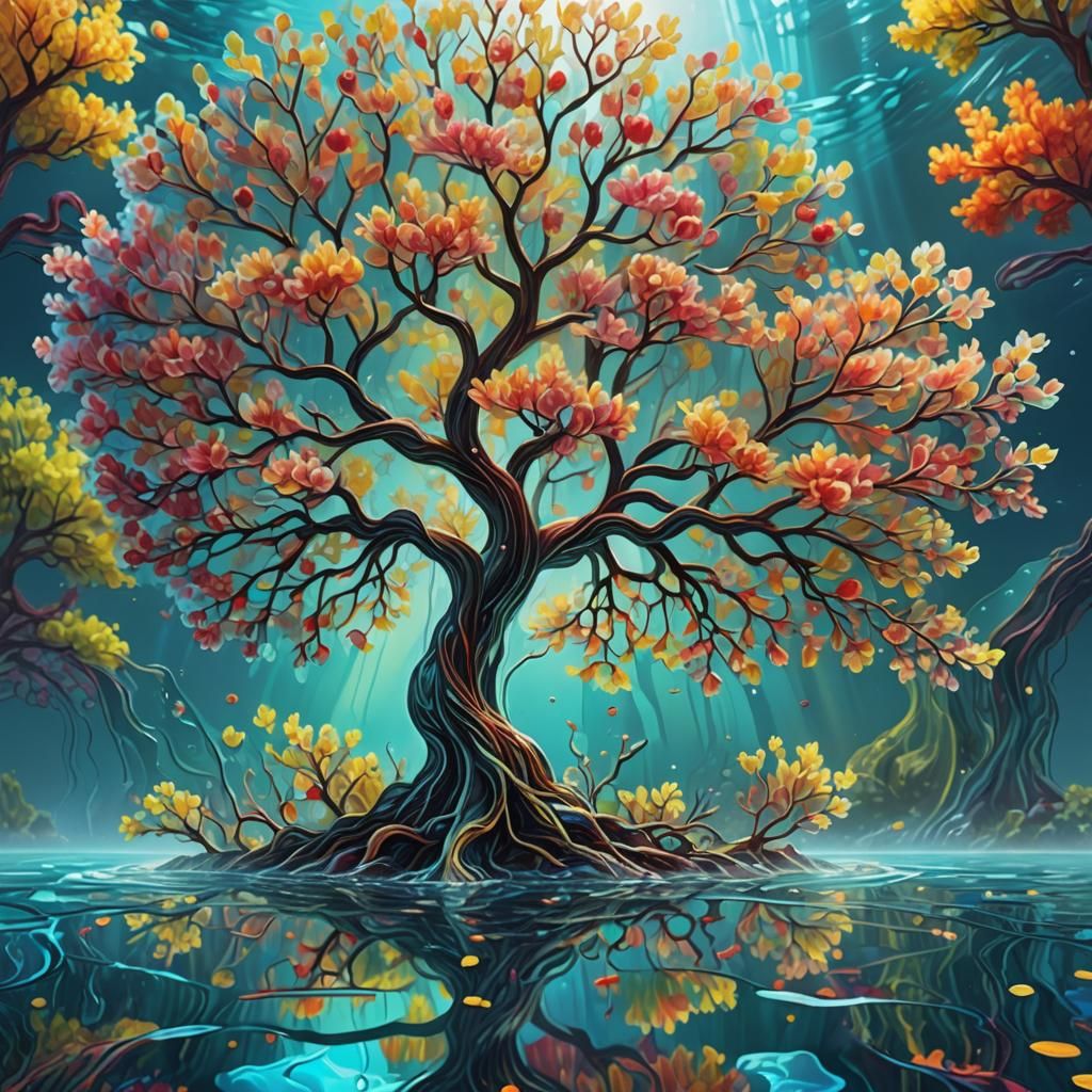 Underwater Glass Cherry Tree: Abstract Expressionist Style