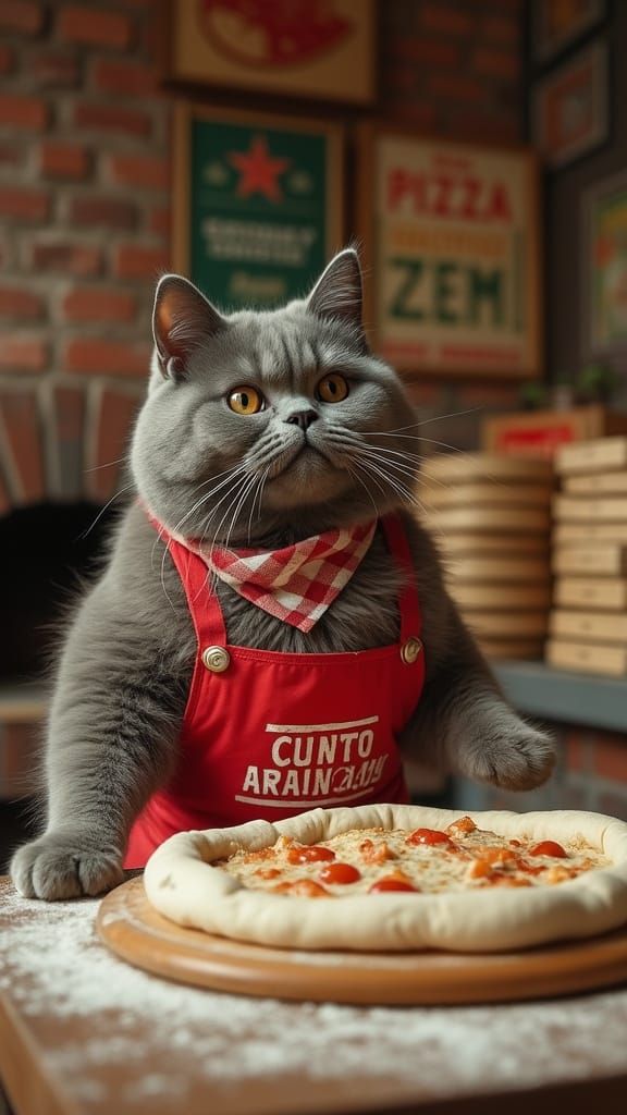 Gray Cat Pizza Chef in Urban Pizzeria