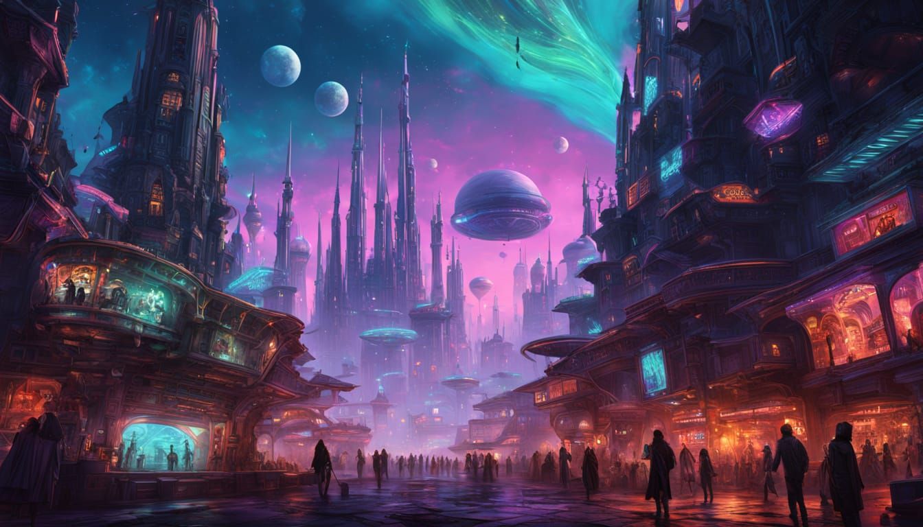 Bustling Alien Street Market Under Moonlight